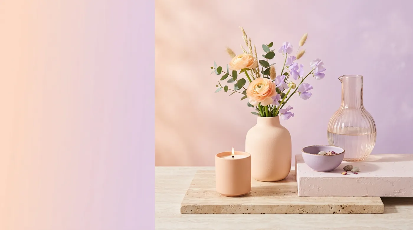 Banner mit Vase, Kerze und Karaffe, mit KI erzeugt